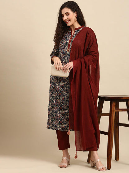 Teal Blue Cotton Floral Print Kurta Pant Dupatta Set for Women – Sizes L and 2XL