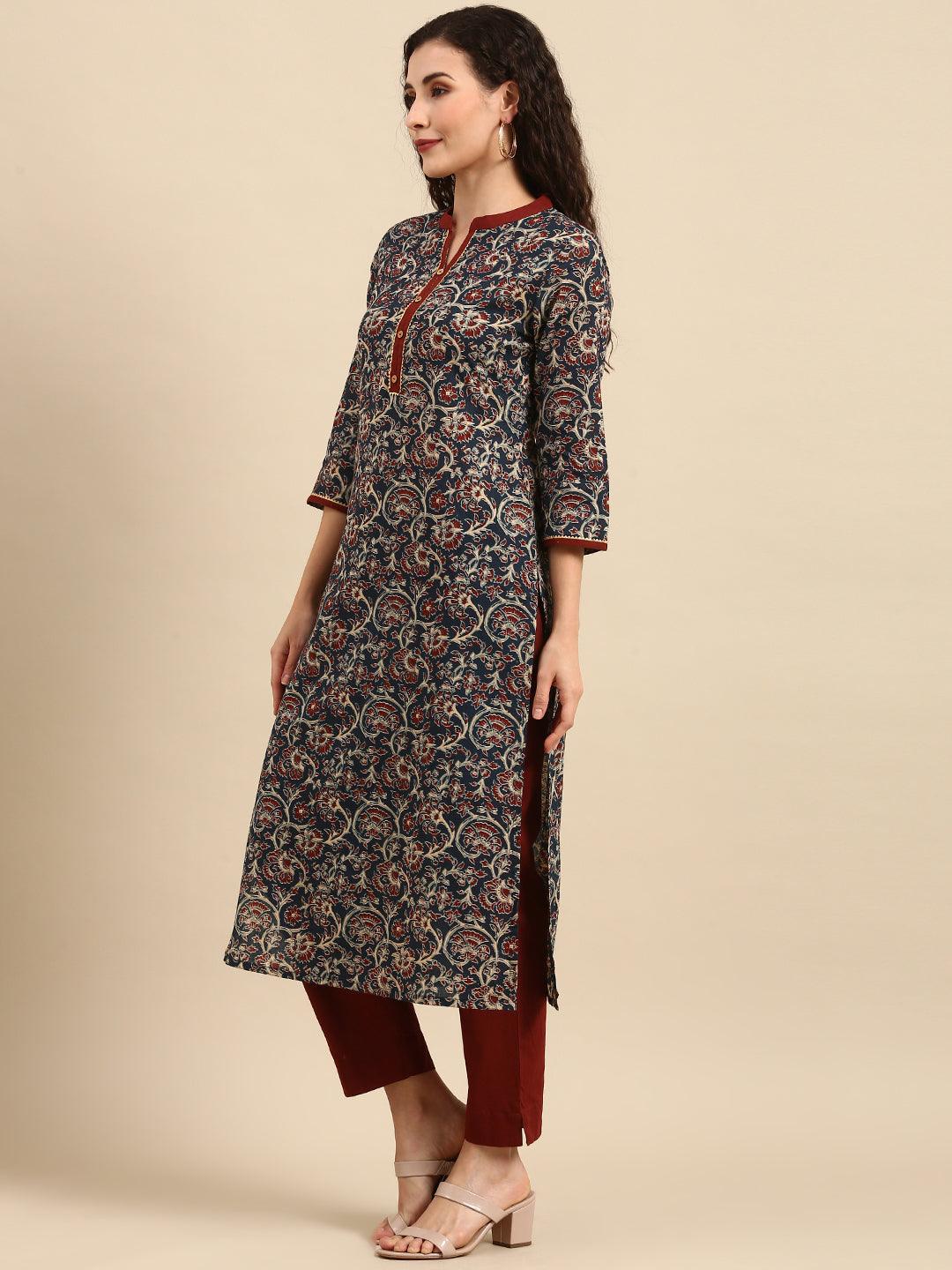 Teal Blue Cotton Floral Print Kurta Pant Dupatta Set for Women – Sizes L and 2XL