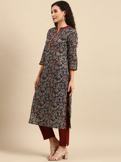 Teal Blue Cotton Floral Print Kurta Pant Dupatta Set for Women – Sizes L and 2XL