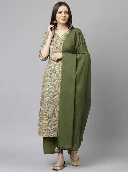 Peach Cotton Flared Kurta Palazzo Dupatta Set with Lace Detailing for Women