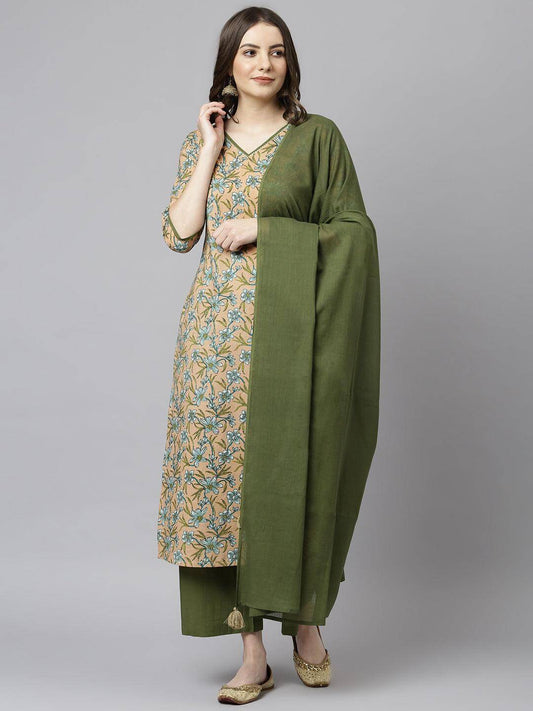 Peach Cotton Flared Kurta Palazzo Dupatta Set with Lace Detailing for Women