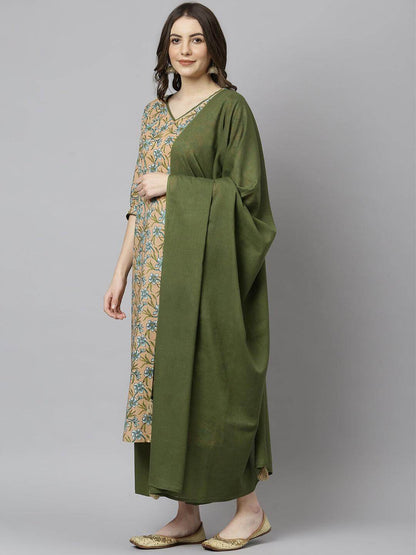 Peach Cotton Flared Kurta Palazzo Dupatta Set with Lace Detailing for Women