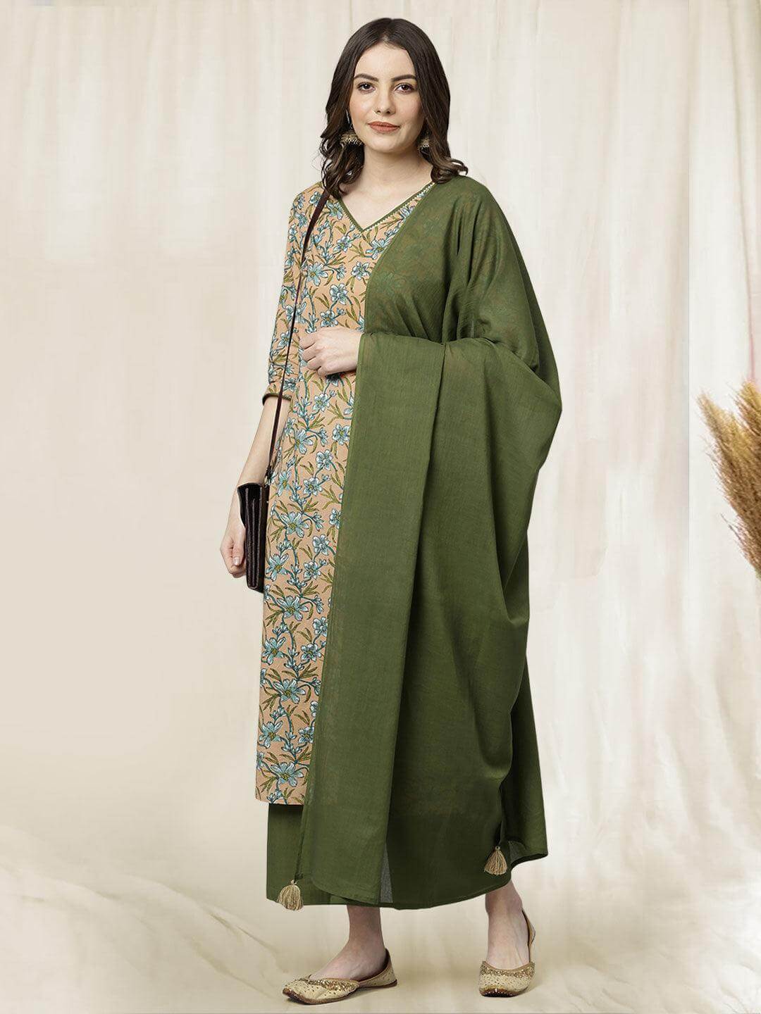 Peach Cotton Flared Kurta Palazzo Dupatta Set with Lace Detailing for Women