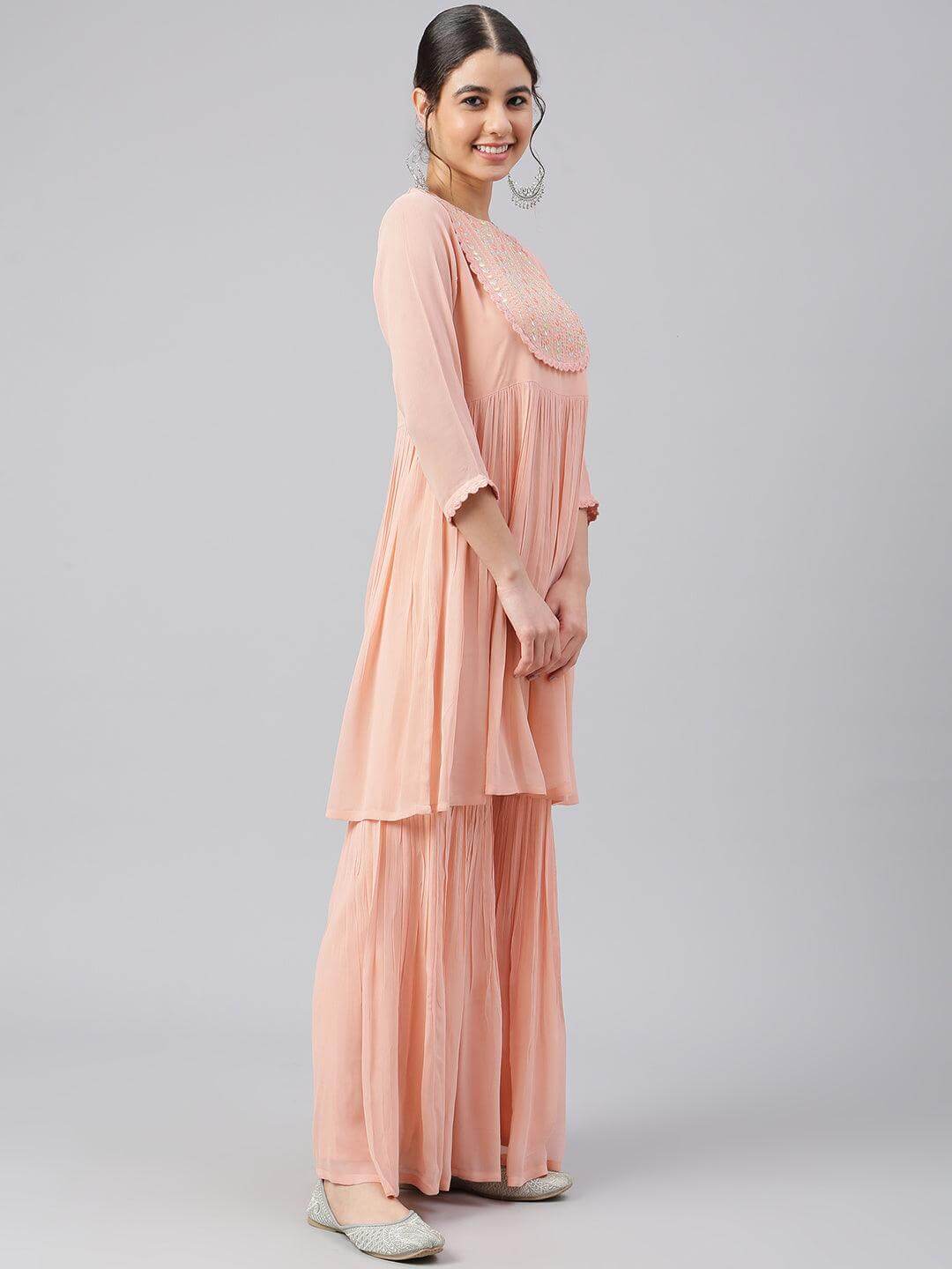 Peach georgette kurta sharara set for women with thread embroidery and flared silhouette – festive ethnic wear