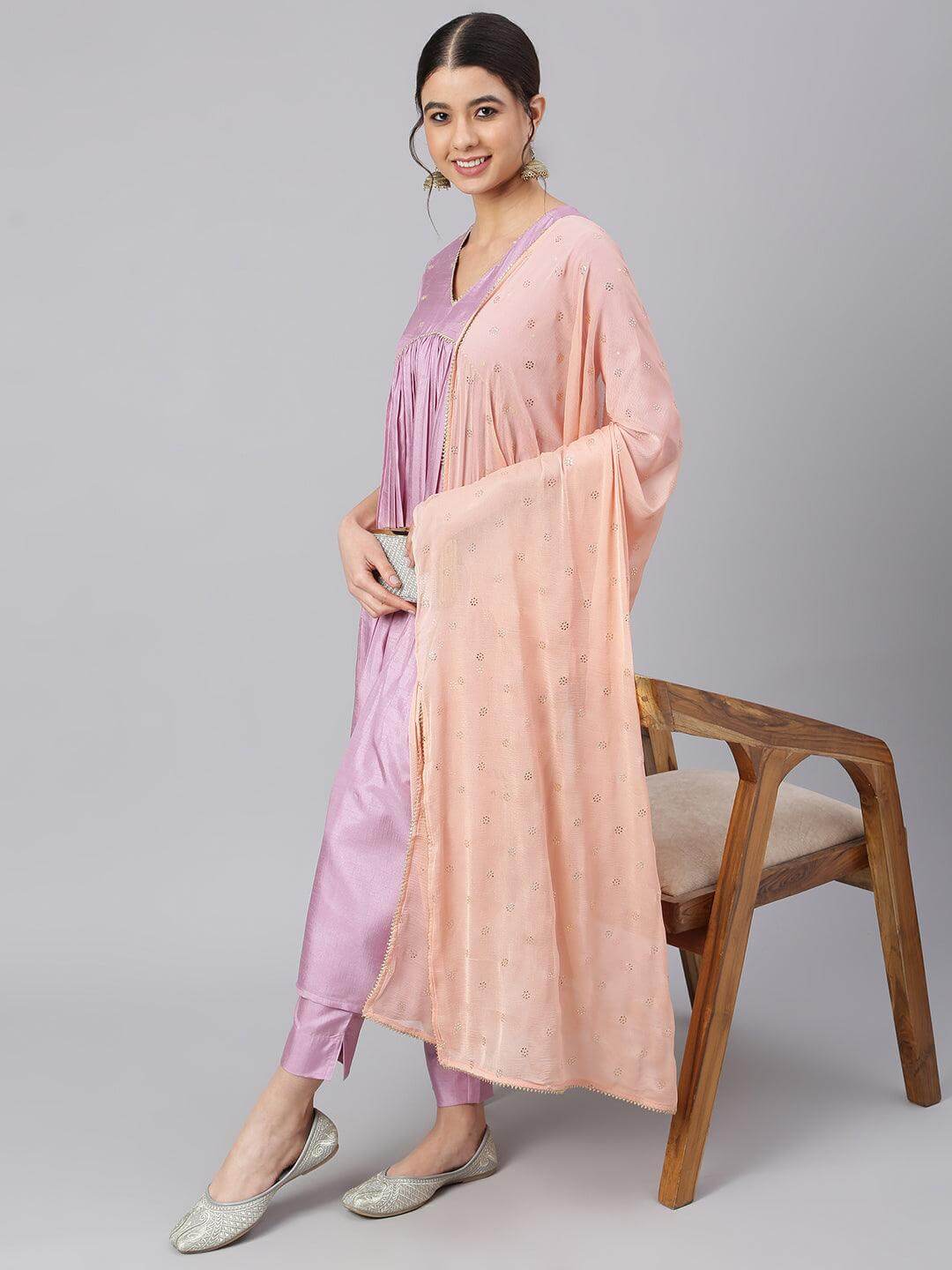Mauve Poly Silk Flared Kurta Pant Dupatta Set with Embroidered Yoke and Lace Detailing for Women