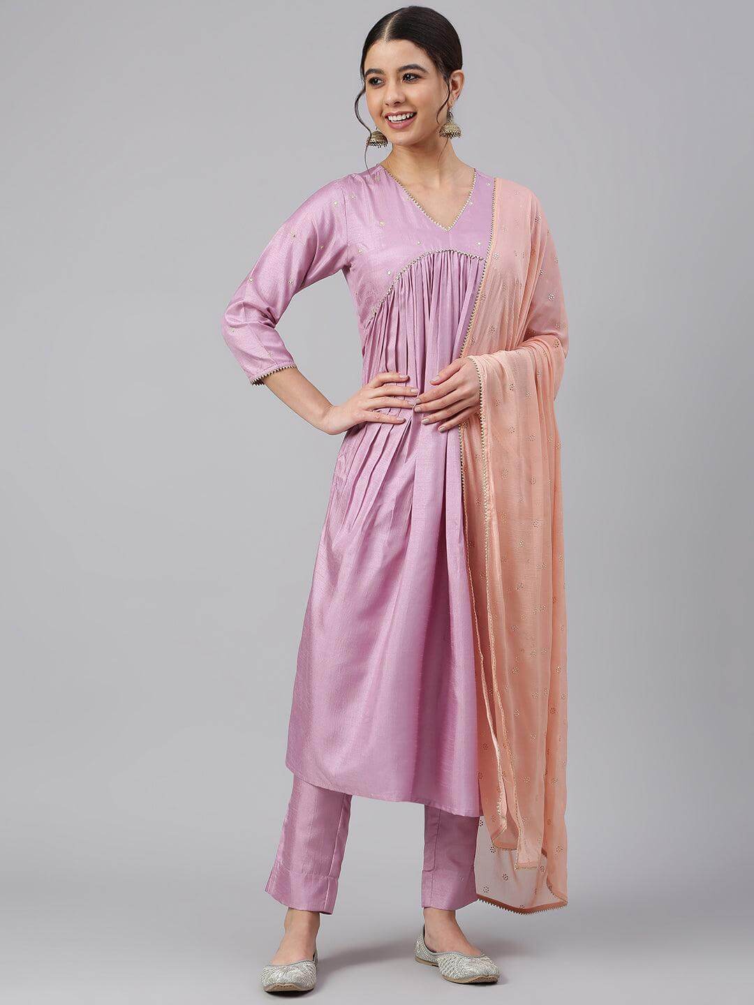 Mauve Poly Silk Flared Kurta Pant Dupatta Set with Embroidered Yoke and Lace Detailing for Women