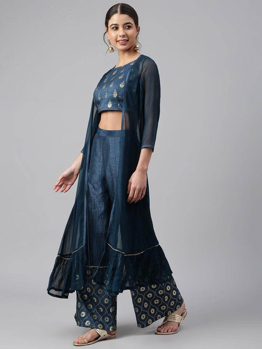 Teal poly silk crop top palazzo and georgette jacket co-ord set for women with foil print and lace work – festive wear