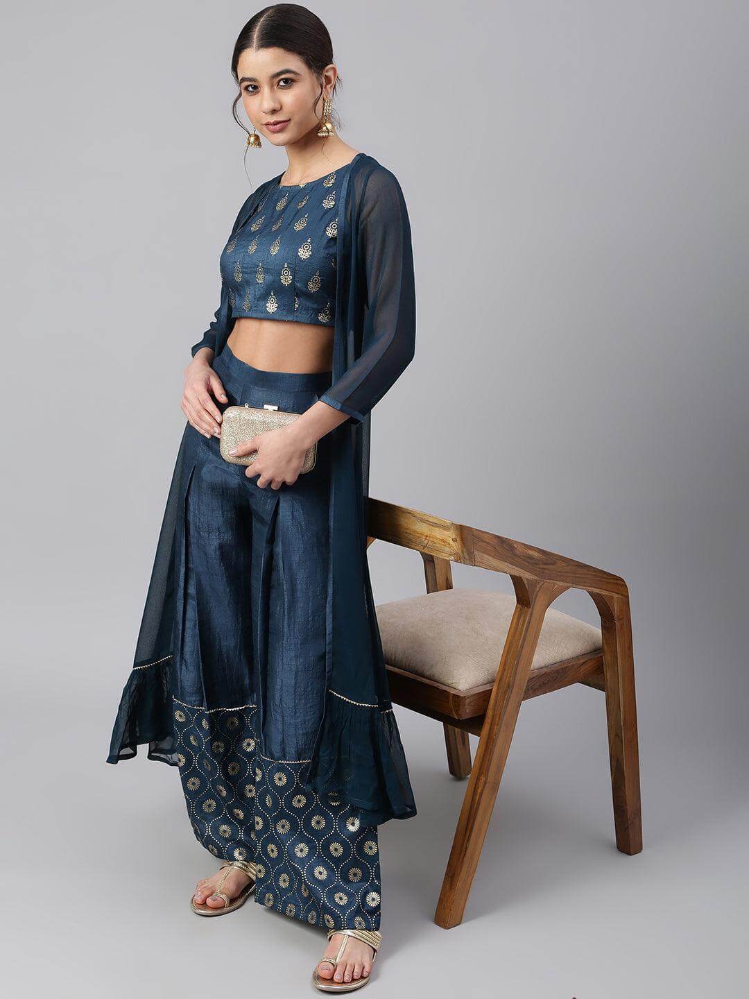 Teal poly silk crop top palazzo and georgette jacket co-ord set for women with foil print and lace work – festive wear