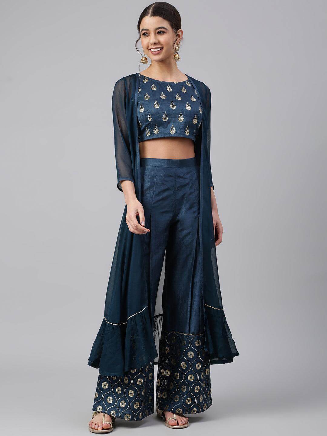 Teal poly silk crop top palazzo and georgette jacket co-ord set for women with foil print and lace work – festive wear