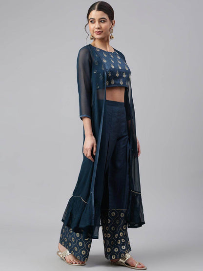 Teal poly silk crop top palazzo and georgette jacket co-ord set for women with foil print and lace work – festive wear