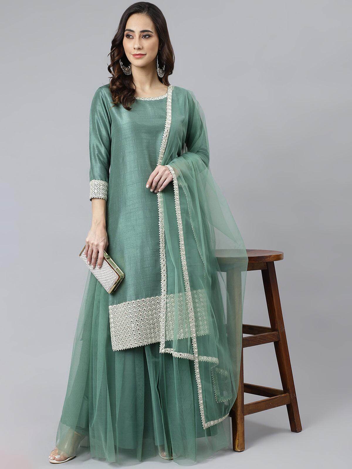 Mint Green Chinnon Kurta Palazzo Dupatta Set with Embroidery Detailing for Women – Festive Wear