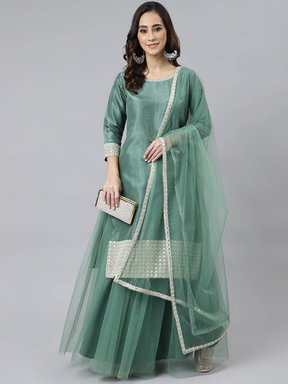 Mint Green Chinnon Kurta Palazzo Dupatta Set with Embroidery Detailing for Women – Festive Wear