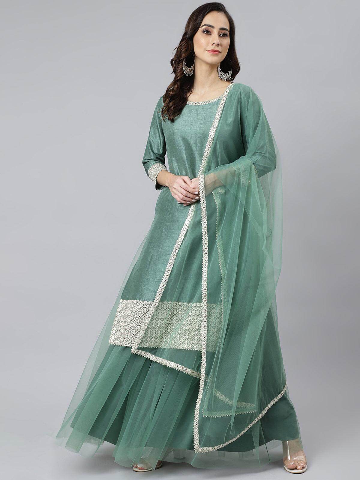 Mint Green Chinnon Kurta Palazzo Dupatta Set with Embroidery Detailing for Women – Festive Wear