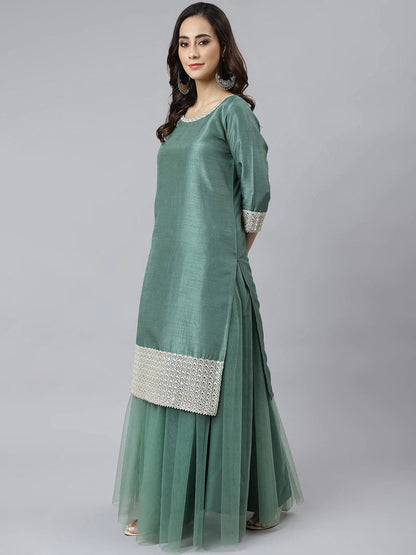 Mint Green Chinnon Kurta Palazzo Dupatta Set with Embroidery Detailing for Women – Festive Wear