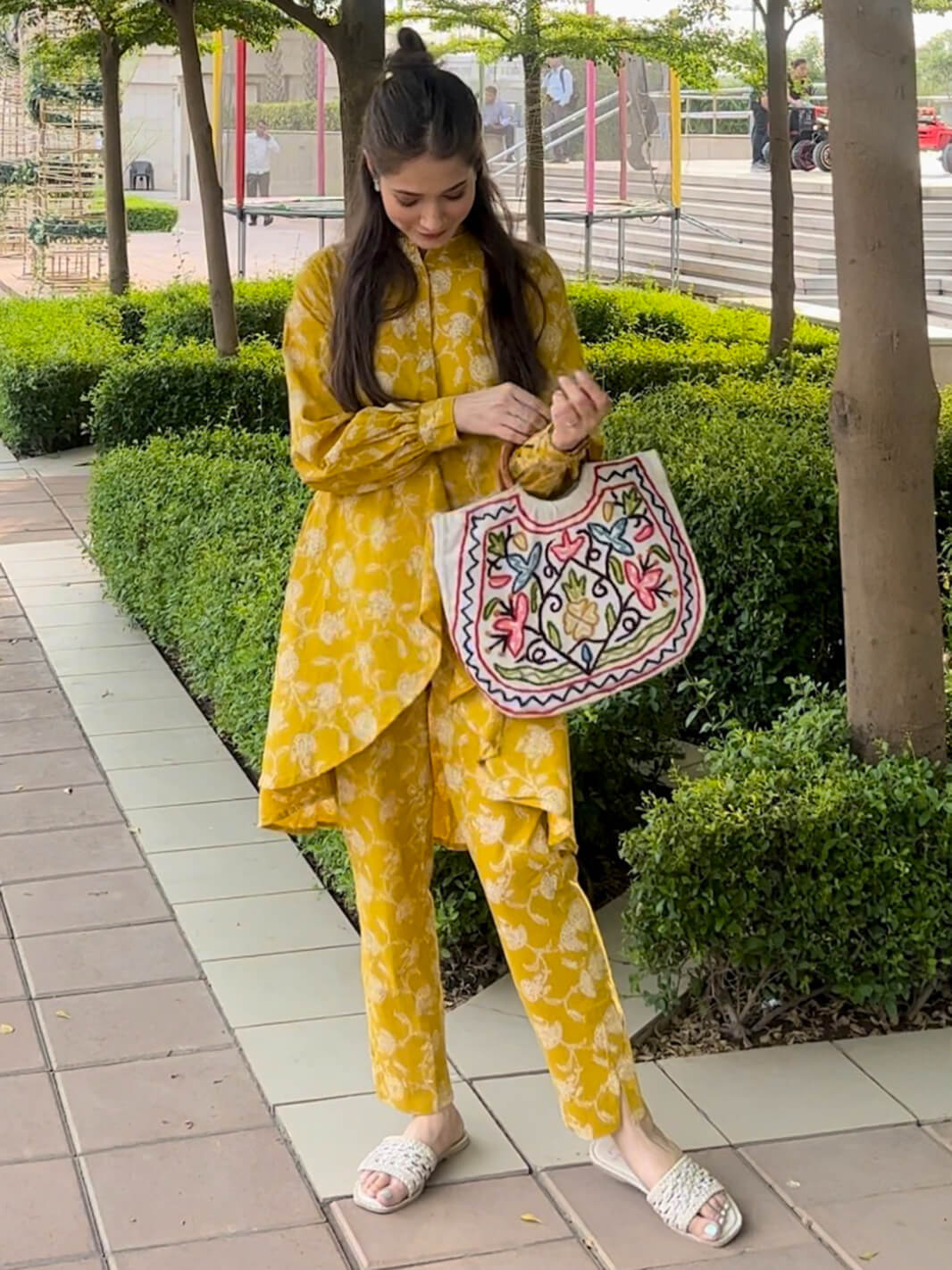 Mustard cotton floral printed co-ord set for women with asymmetrical kurti and straight pants – daily casual wear