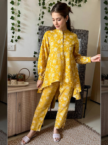 Mustard cotton floral printed co-ord set for women with asymmetrical kurti and straight pants – daily casual wear