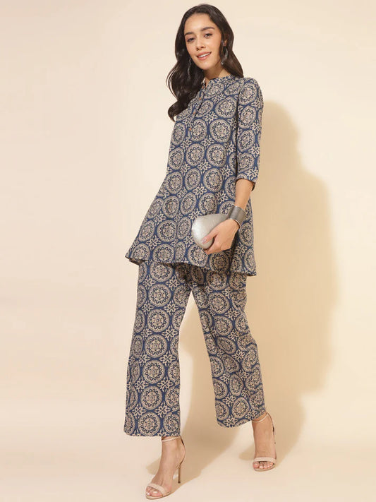Blue Cotton Tunic Palazzo Set for Women with Ethnic Motif Print and Mandarin Collar
