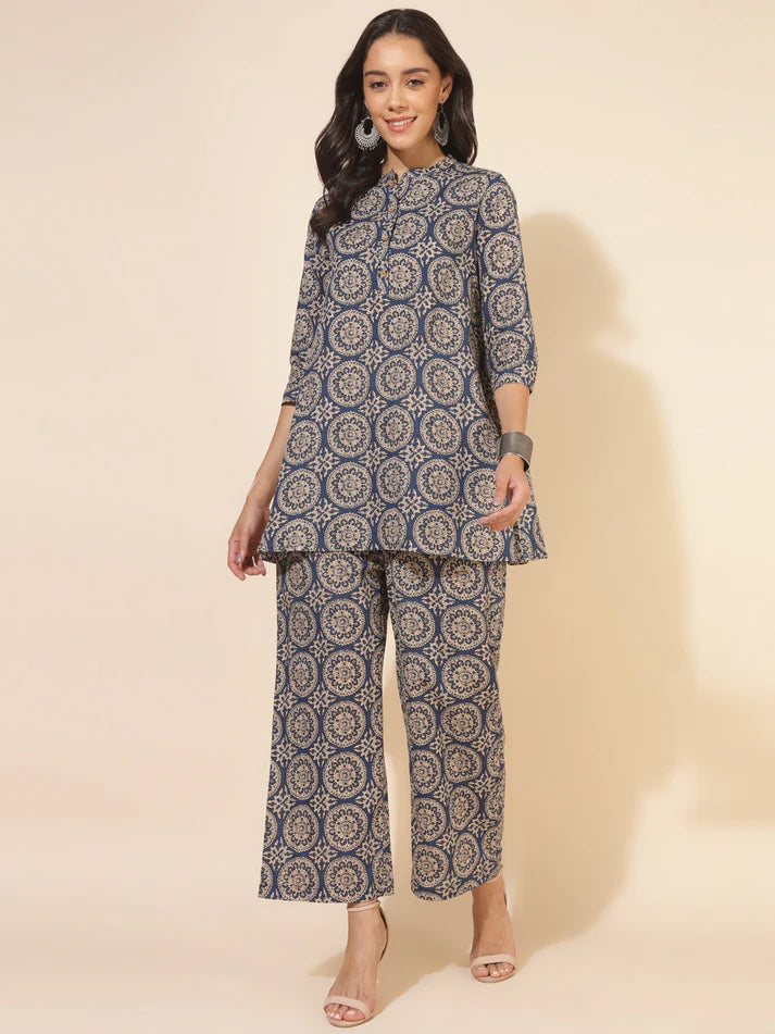 Blue Cotton Tunic Palazzo Set for Women with Ethnic Motif Print and Mandarin Collar