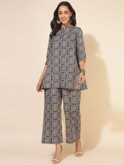 Blue Cotton Tunic Palazzo Set for Women with Ethnic Motif Print and Mandarin Collar