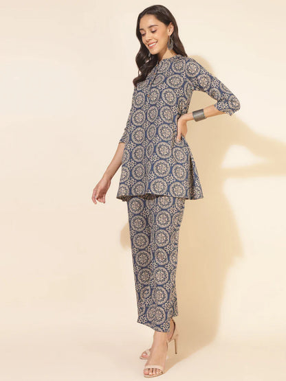 Blue Cotton Tunic Palazzo Set for Women with Ethnic Motif Print and Mandarin Collar