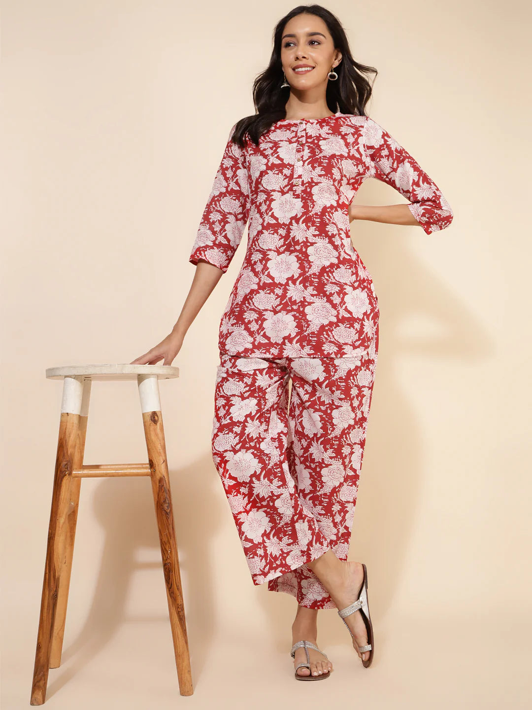 Red floral printed cotton co-ord set with top and pant for women – casual wear