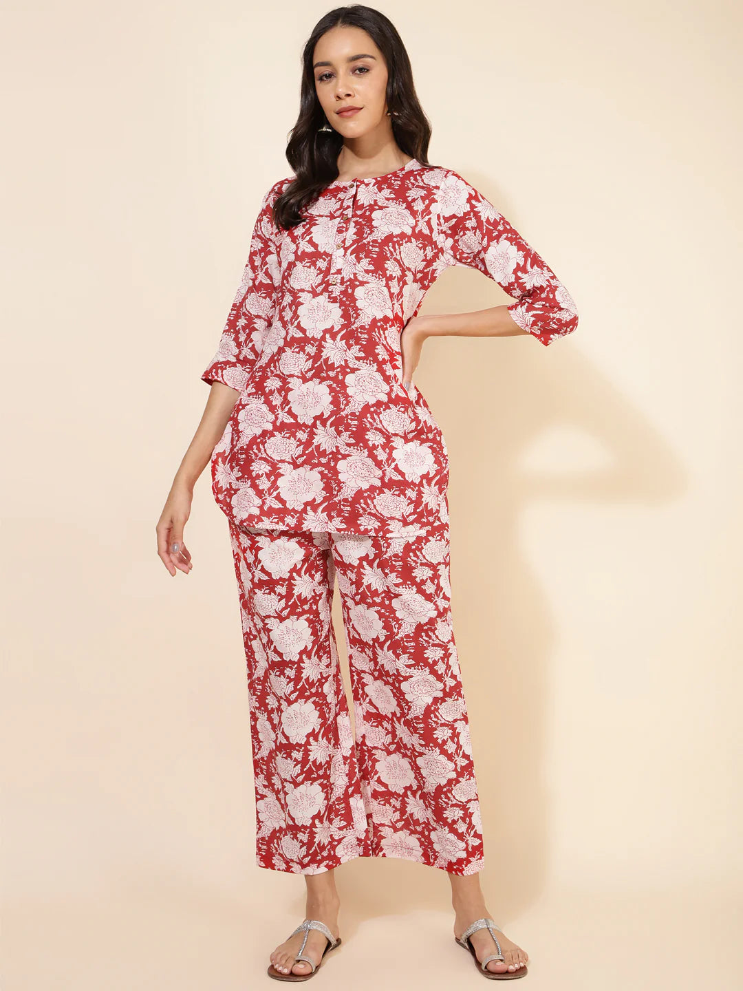 Red floral printed cotton co-ord set with top and pant for women – casual wear