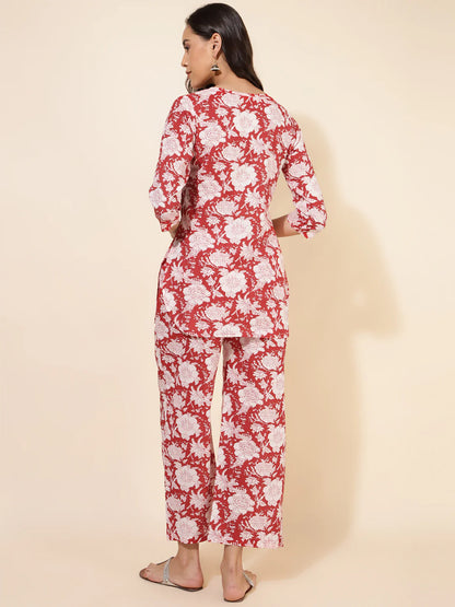 Red floral printed cotton co-ord set with top and pant for women – casual wear