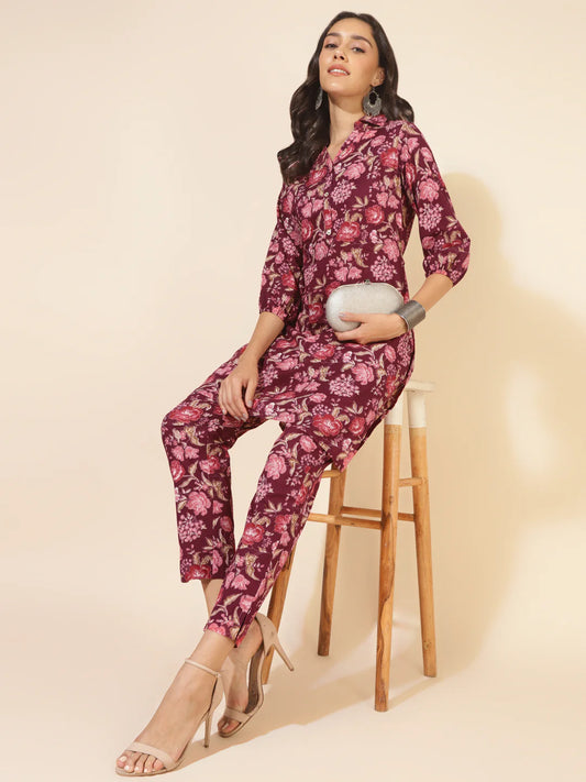 Purple cotton floral printed kurta pant set for women with puff sleeves and attached belt – casual wear