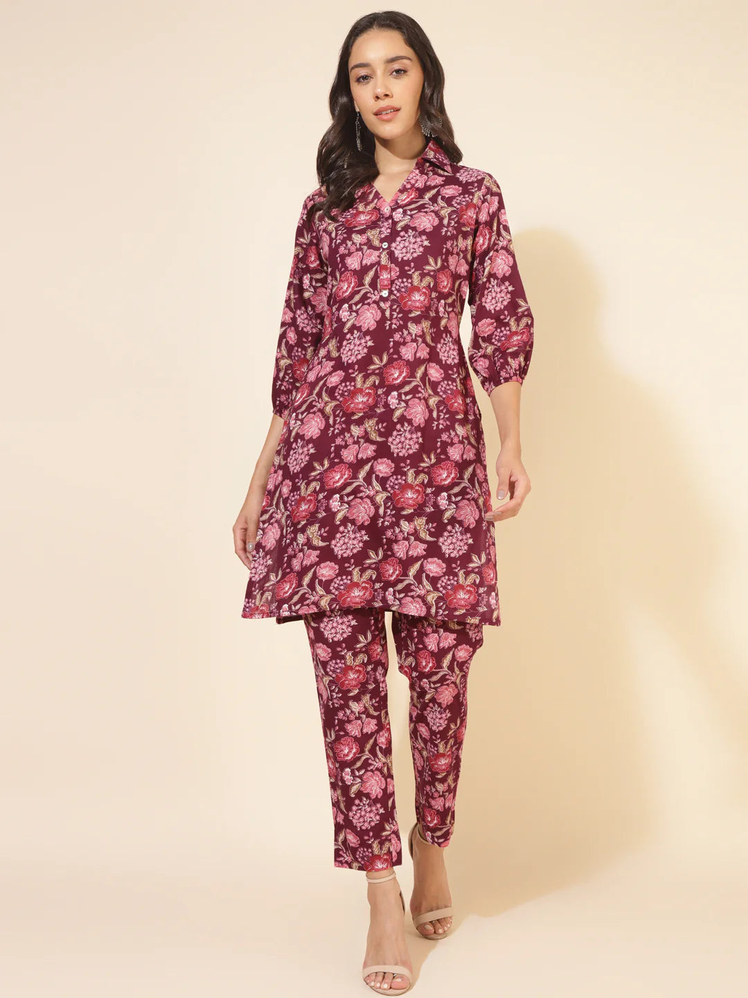 Purple cotton floral printed kurta pant set for women with puff sleeves and attached belt – casual wear
