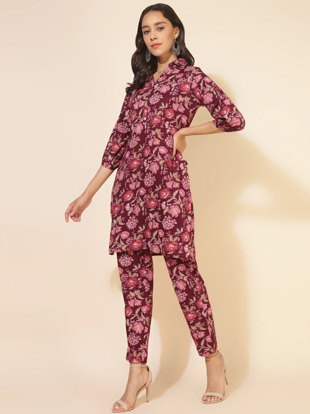 Purple cotton floral printed kurta pant set for women with puff sleeves and attached belt – casual wear