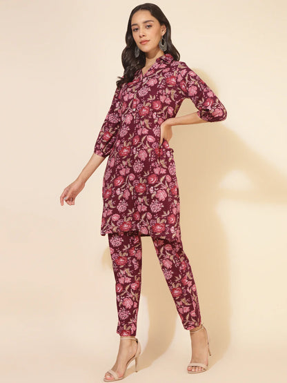 Purple cotton floral printed kurta pant set for women with puff sleeves and attached belt – casual wear