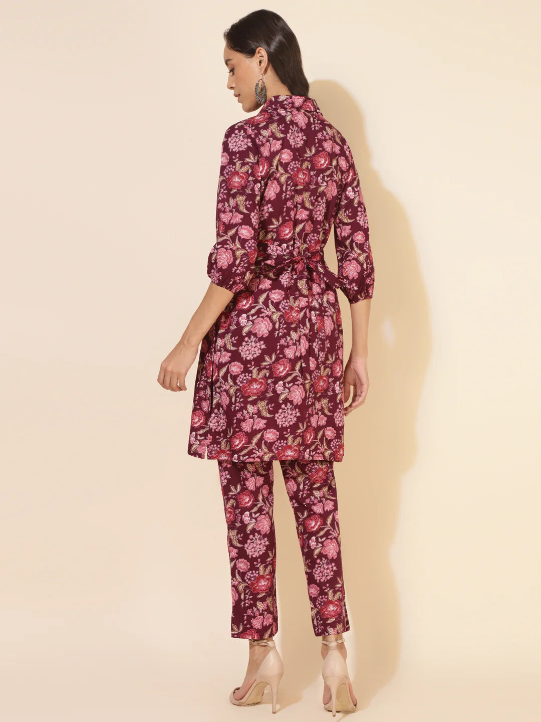 Purple cotton floral printed kurta pant set for women with puff sleeves and attached belt – casual wear