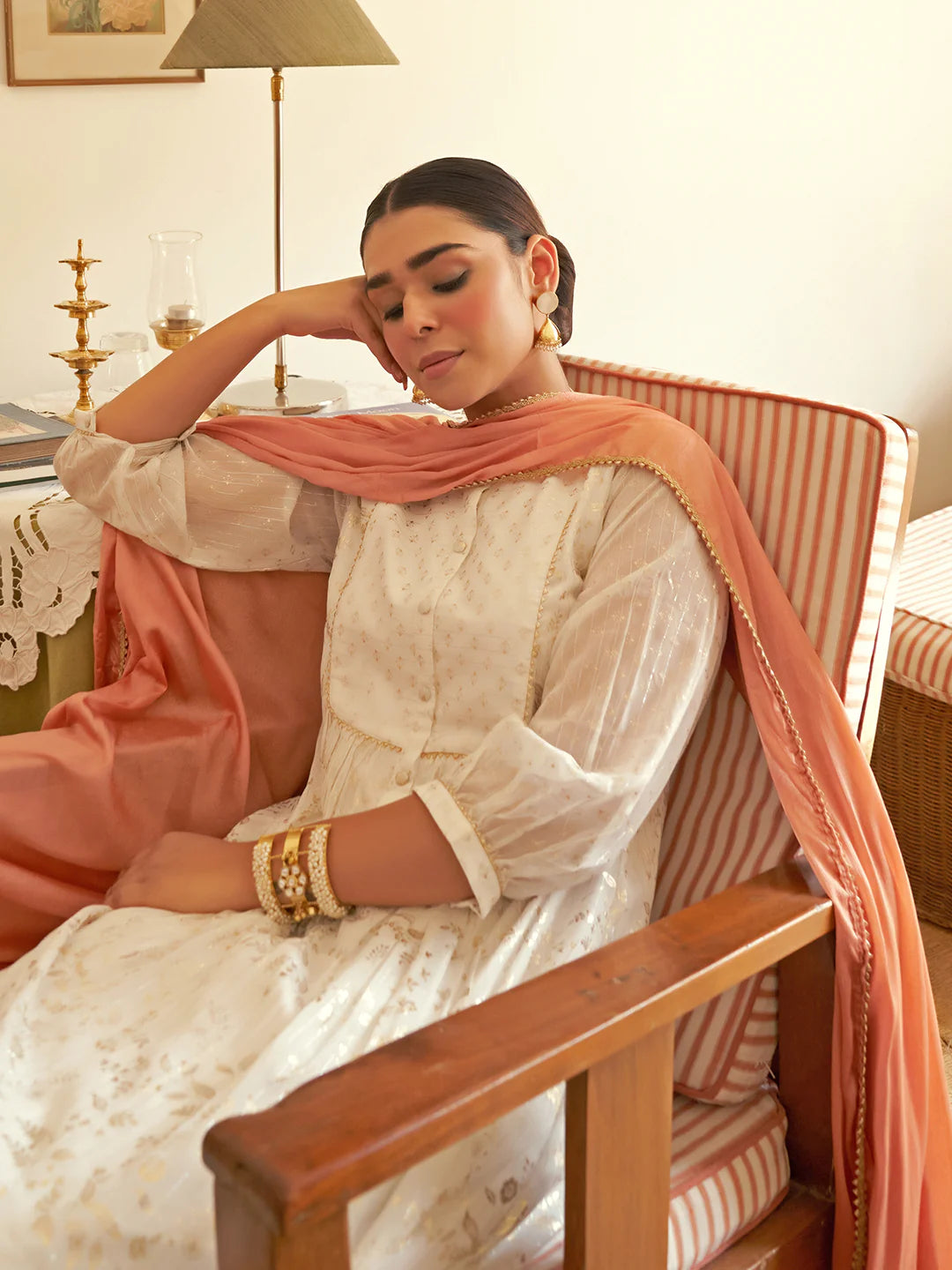 White Chiffon Anarkali Kurta Pant Dupatta Set with Golden Foil Print for Women