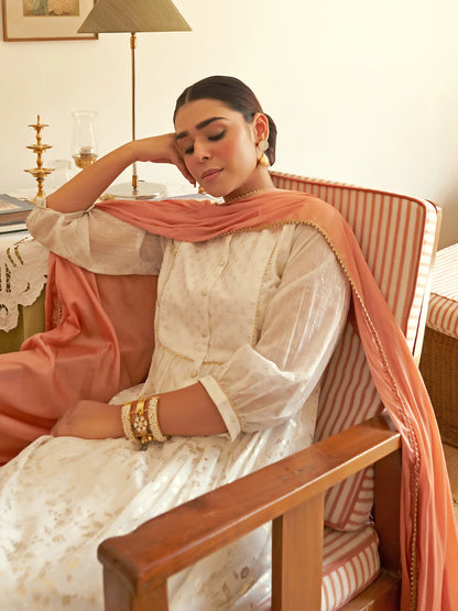 White Chiffon Anarkali Kurta Pant Dupatta Set with Golden Foil Print for Women