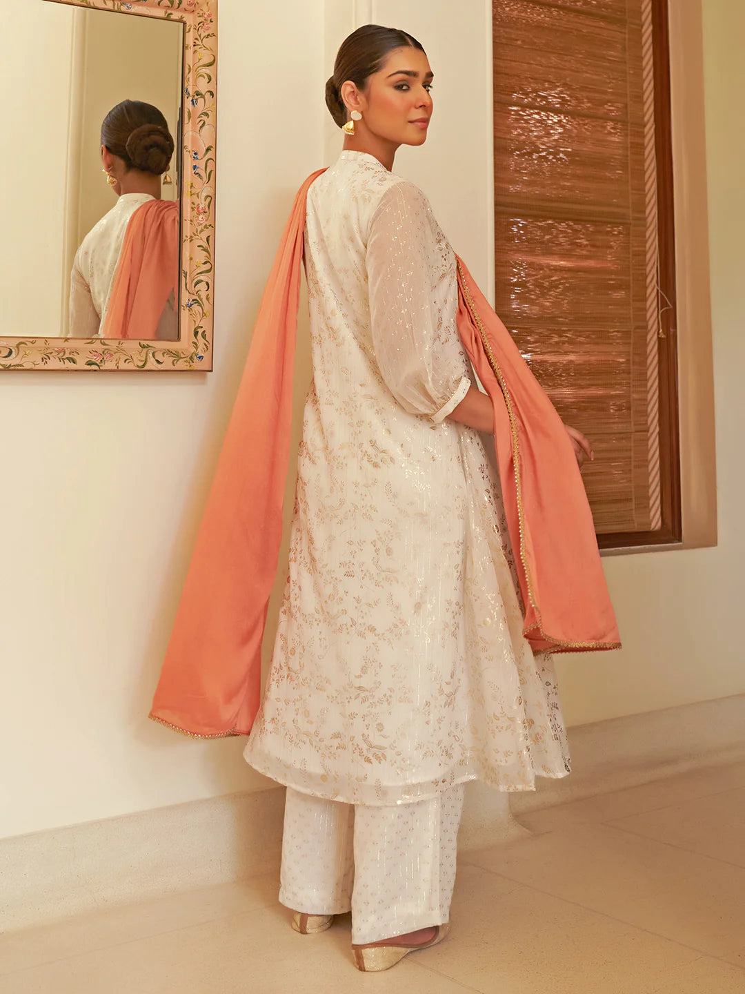 White Chiffon Anarkali Kurta Pant Dupatta Set with Golden Foil Print for Women