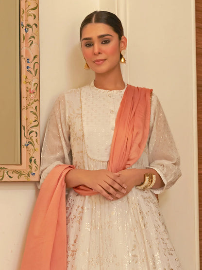 White Chiffon Anarkali Kurta Pant Dupatta Set with Golden Foil Print for Women