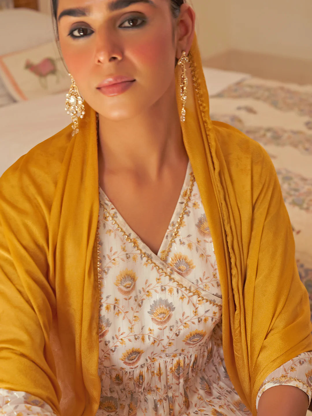 White Chiffon Lurex Floral Print Flared Kurta Palazzo Dupatta Set with Gota and Tassel Detailing for Women