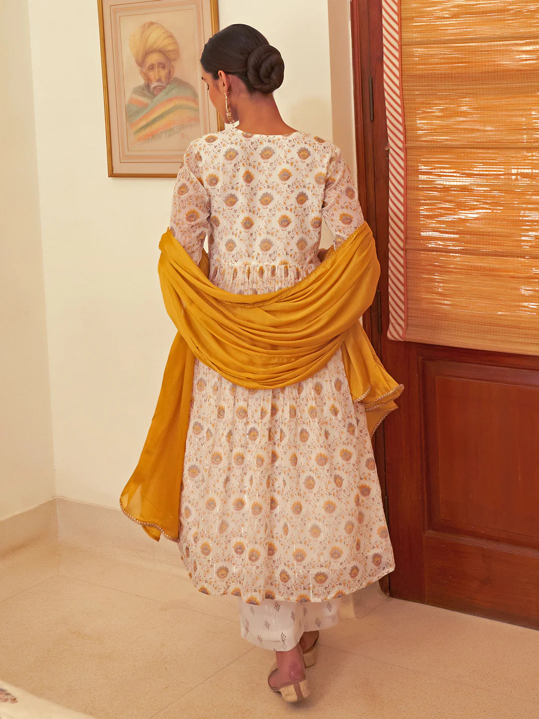 White Chiffon Lurex Floral Print Flared Kurta Palazzo Dupatta Set with Gota and Tassel Detailing for Women