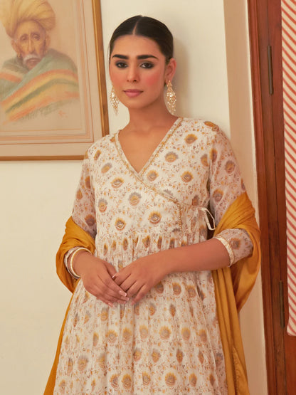 White Chiffon Lurex Floral Print Flared Kurta Palazzo Dupatta Set with Gota and Tassel Detailing for Women