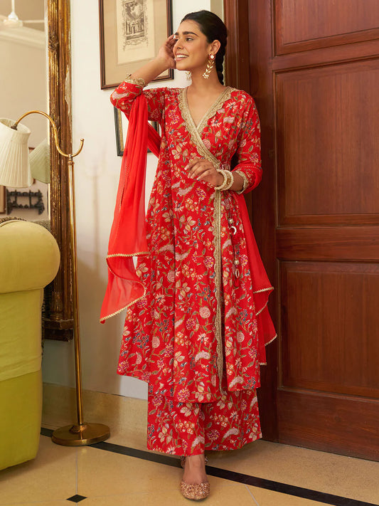 Red Cotton Floral Printed Angrakha Kurta Palazzo Dupatta Set for Women – Festive Wear