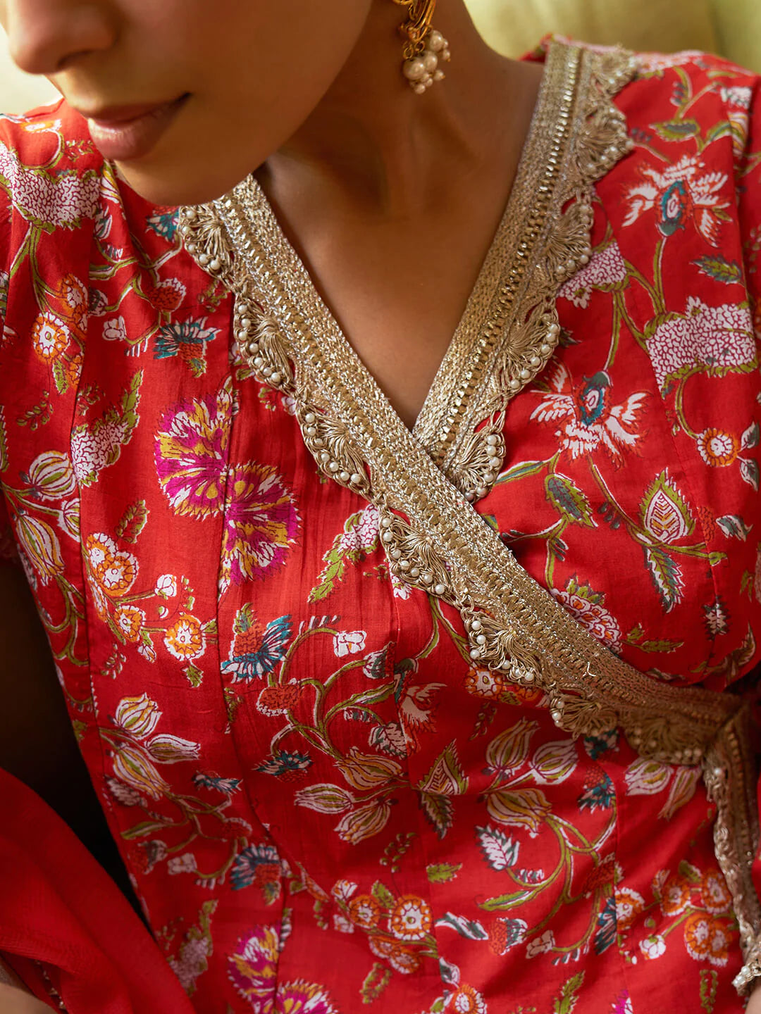Red Cotton Floral Printed Angrakha Kurta Palazzo Dupatta Set for Women – Festive Wear