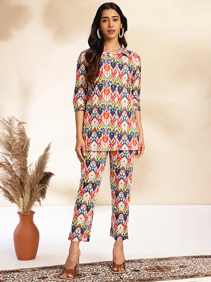Multicolor cotton ikat printed co-ord set for women with shirt collar top and straight pants – casual summer wear
