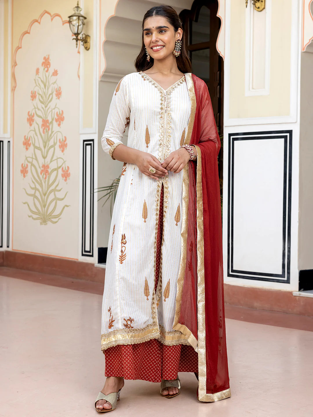 White Cotton Floral Embellished Kurta Palazzo Dupatta Set with Front Slit for Women
