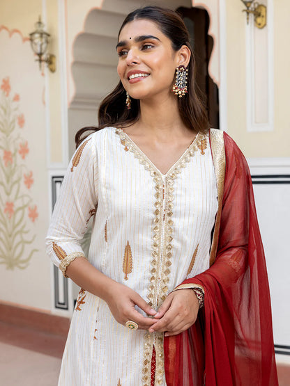 White Cotton Floral Embellished Kurta Palazzo Dupatta Set with Front Slit for Women