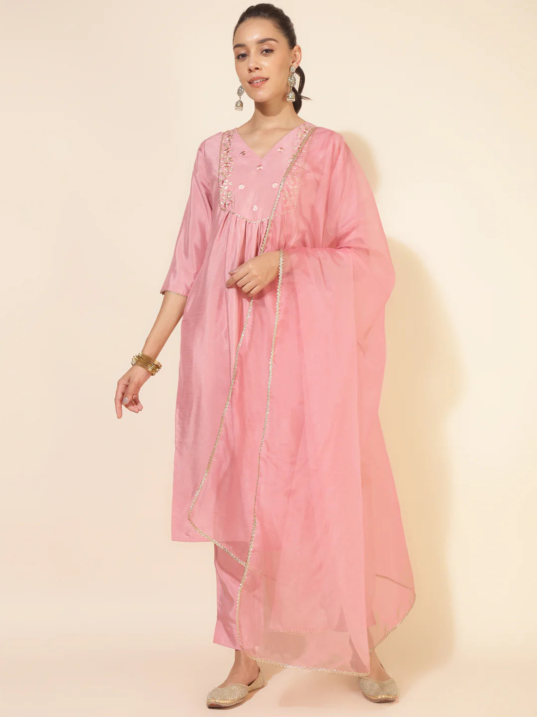 Pink Crepe Silk Flared Kurta Pant Dupatta Set with Zari, Thread, Gota Lace and Sequins Work for Women