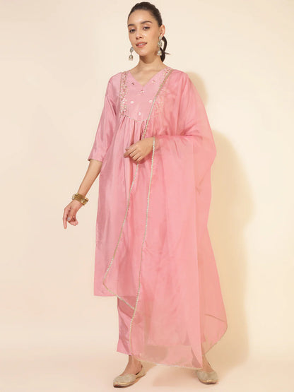 Pink Crepe Silk Flared Kurta Pant Dupatta Set with Zari, Thread, Gota Lace and Sequins Work for Women