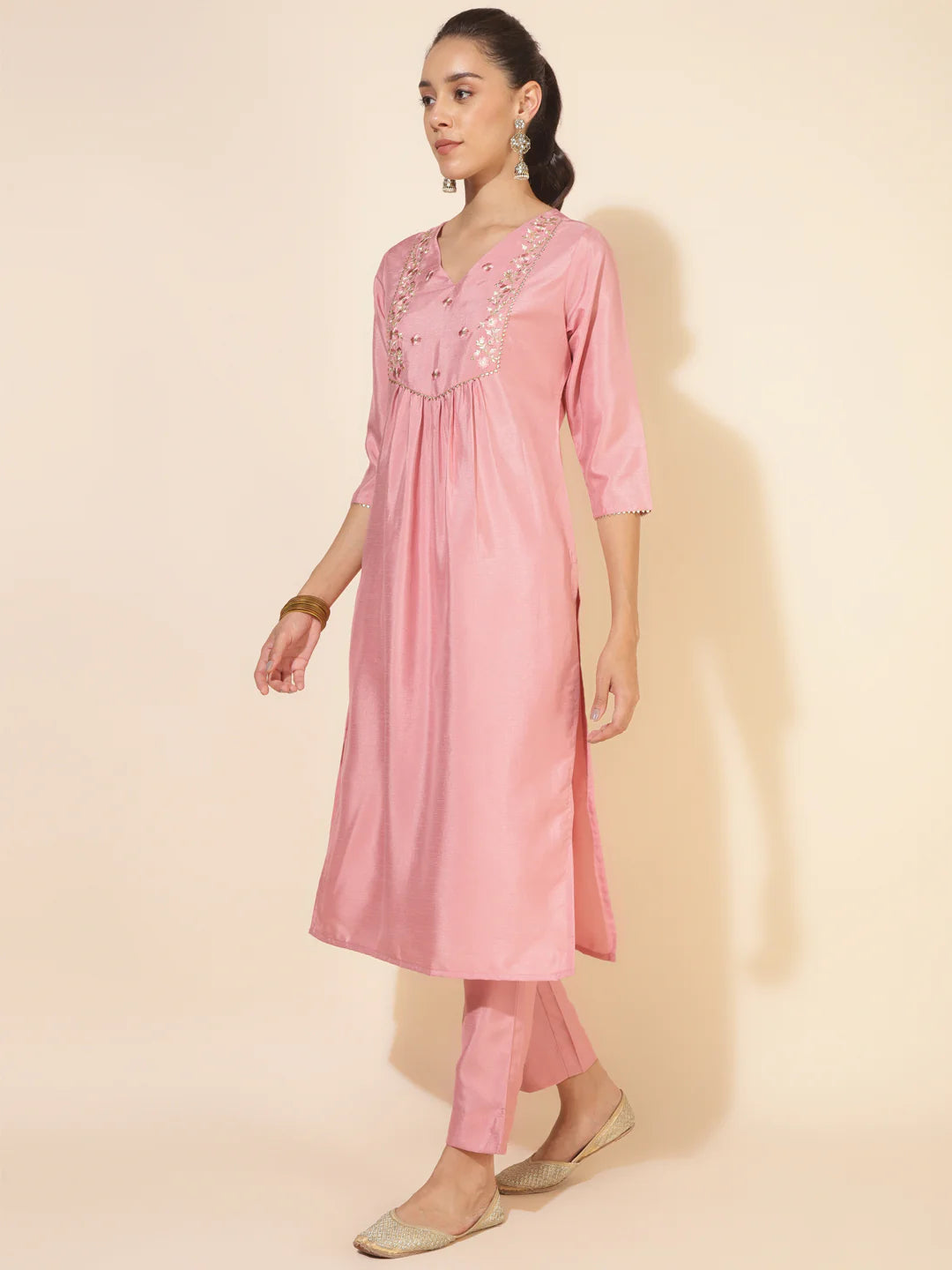 Pink Crepe Silk Flared Kurta Pant Dupatta Set with Zari, Thread, Gota Lace and Sequins Work for Women