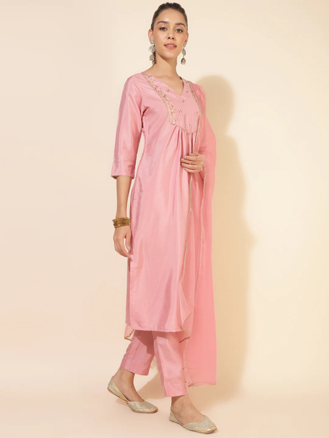 Pink Crepe Silk Flared Kurta Pant Dupatta Set with Zari, Thread, Gota Lace and Sequins Work for Women