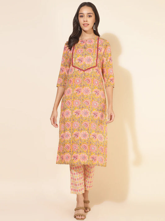 Floral printed cotton straight kurta with pants for women – casual ethnic co-ord set