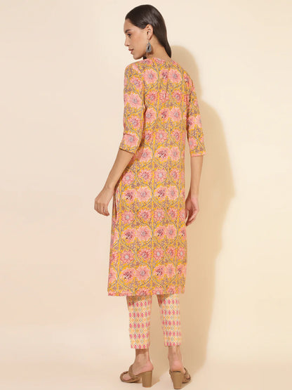Floral printed cotton straight kurta with pants for women – casual ethnic co-ord set